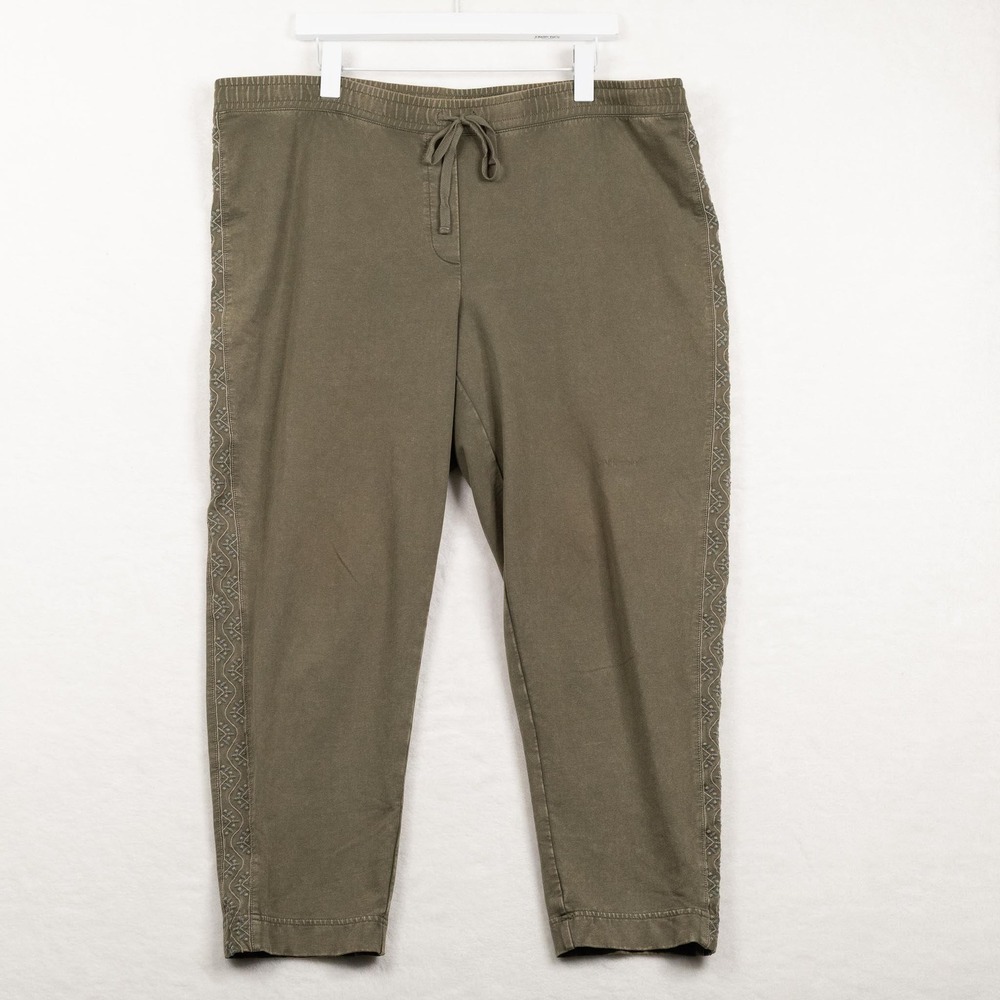 PURE JILL French Terry Drawstring Pants Embroidered Side Stripe Olive Green XL